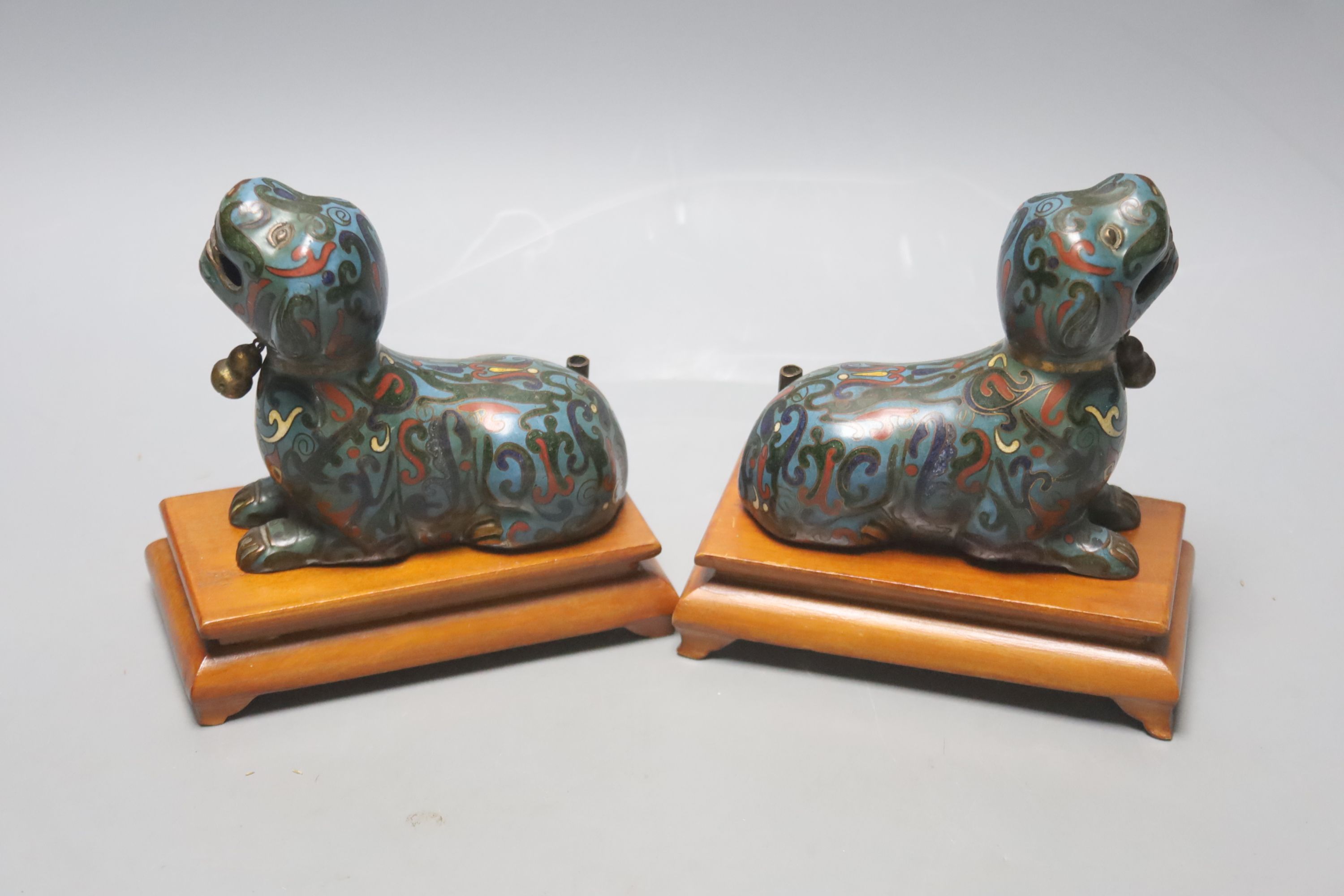 A pair of Chinese cloisonne enamel 'hound' joss-stick holders, 20th century